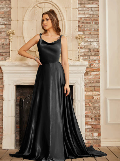 Robe longue satin lacée dos nu – Noir CPS3025