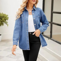 Chemise en jean bleu délavé manches longues femme – Bleu Foncé