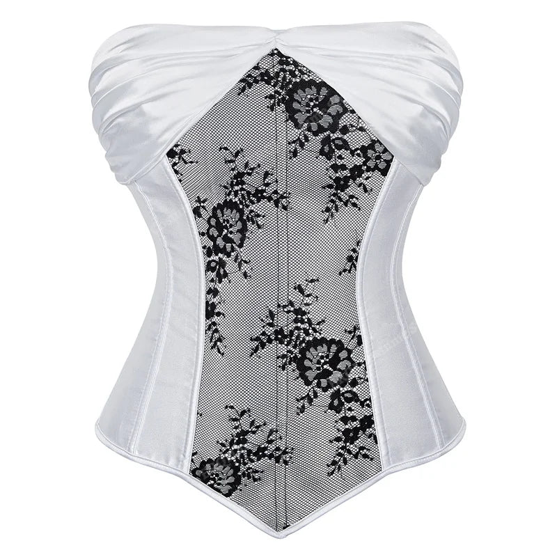 Corset Gothique blanc avec dentelle noire, style vintage et élégant pour sublimer la silhouette féminine.