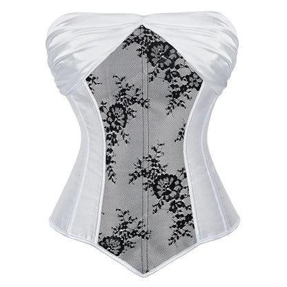 Corset Gothique blanc avec dentelle noire, style vintage et élégant pour sublimer la silhouette féminine.