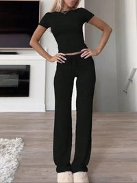 Ensemble femme top manches courtes et pantalon long gris – Noir