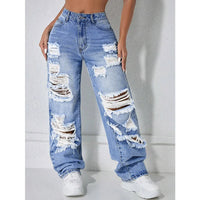 Jean femme taille haute déchiré jambe droite – Bleu