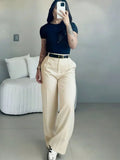Pantalon femme taille haute jambe droite ceinture – Beige