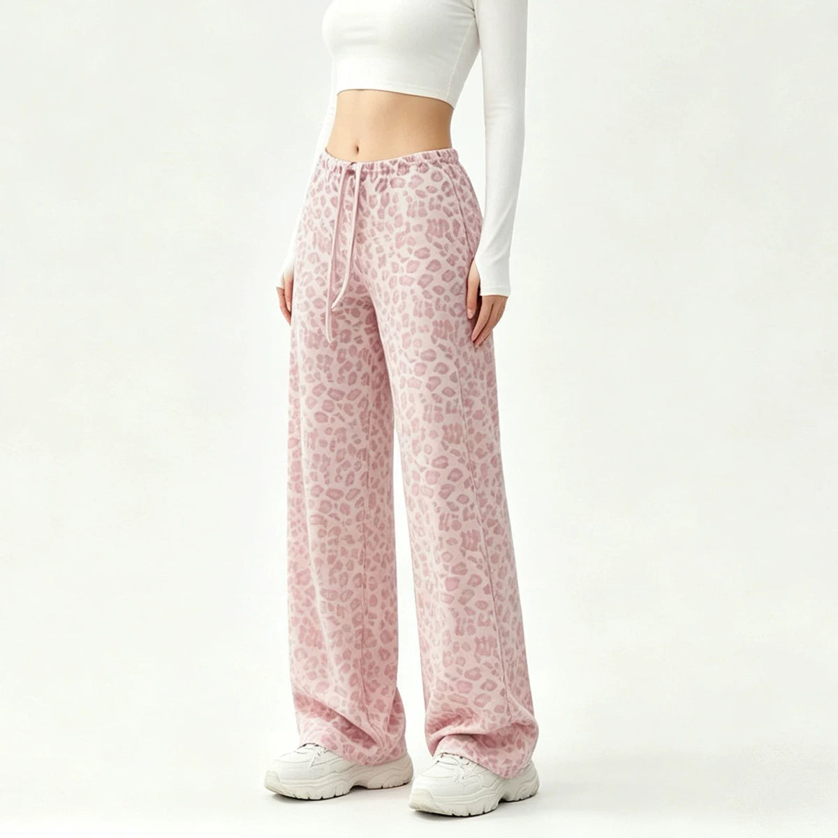 Pantalon imprimé léopard taille haute femme large – Rose