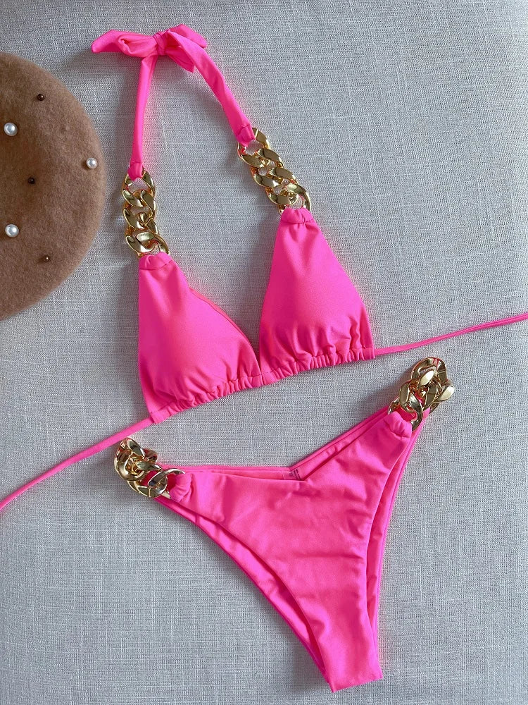 Bikini Triangle à Nouer Autour du Cou Orné de Chaîne Femme