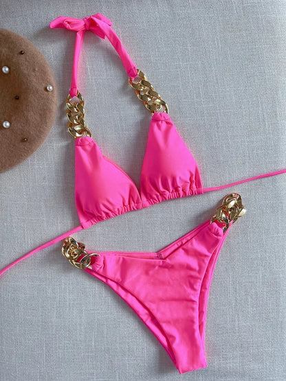 Bikini Triangle à Nouer Autour du Cou Orné de Chaîne Femme