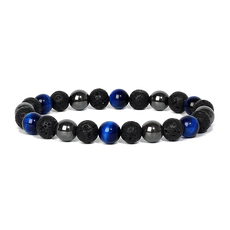 Bracelet magnetique pour maigrir homme en perles noires, bleues et grises avec pierres naturelles et hematite