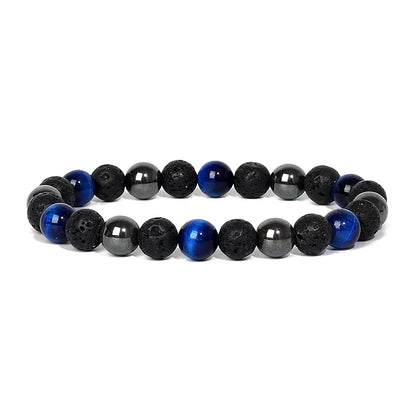 Bracelet magnetique pour maigrir homme en perles noires, bleues et grises avec pierres naturelles et hematite