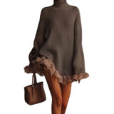 Pull femme col roulé volants dentelle beige 3
