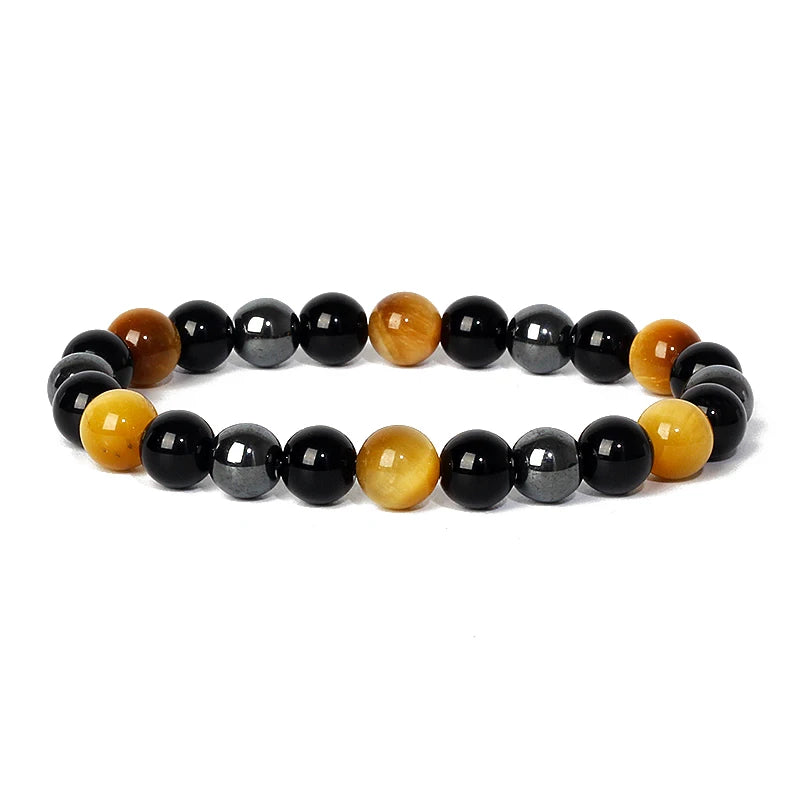 Bracelet magnetique pour maigrir homme en perles noires et oeil de tigre, elegant et ajustable sur poignet