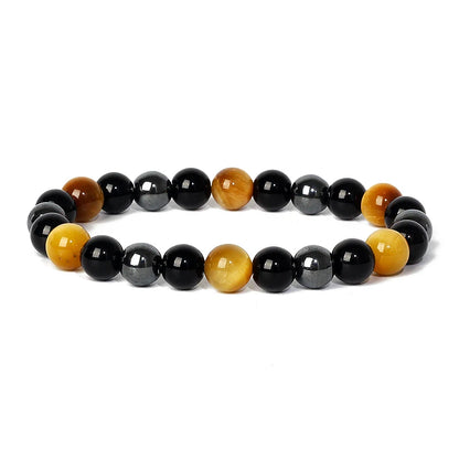 Bracelet magnetique pour maigrir homme en perles noires et oeil de tigre, elegant et ajustable sur poignet