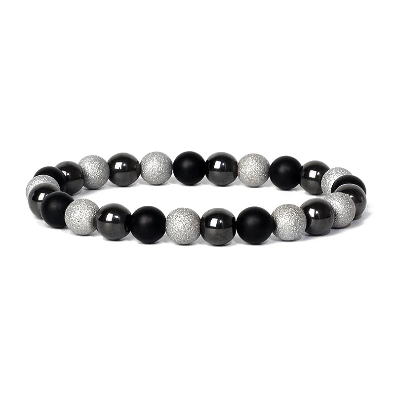 Bracelet Magnetique pour Maigrir Homme avec perles noires et argentees texturees alternees en design elegant