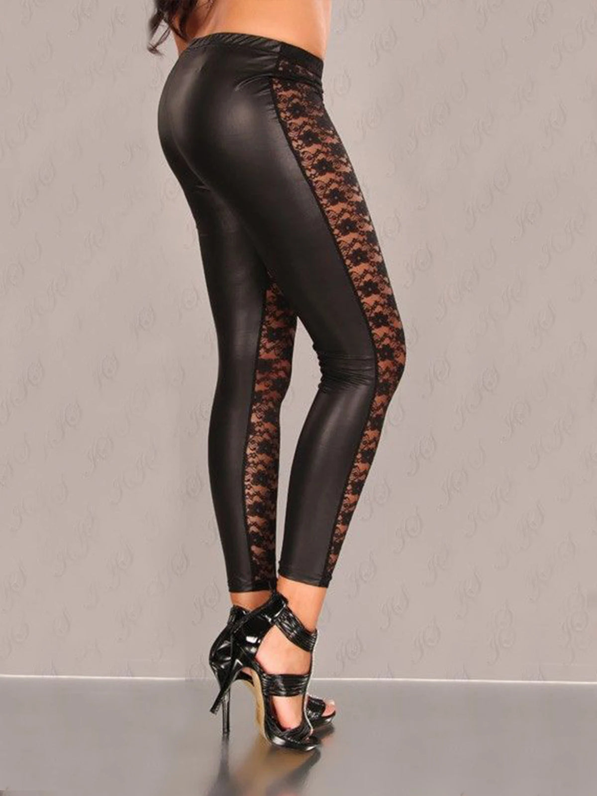Legging Effet Collant Transparent en simili cuir avec bande transparente en dentelle pour un look élégant et sophistiqué.