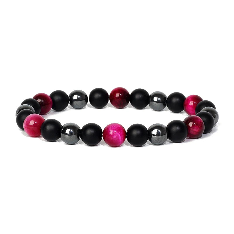 Bracelet Magnetique pour Maigrir Homme avec perles noires, hematites et pierres roses, elegant et ajustable