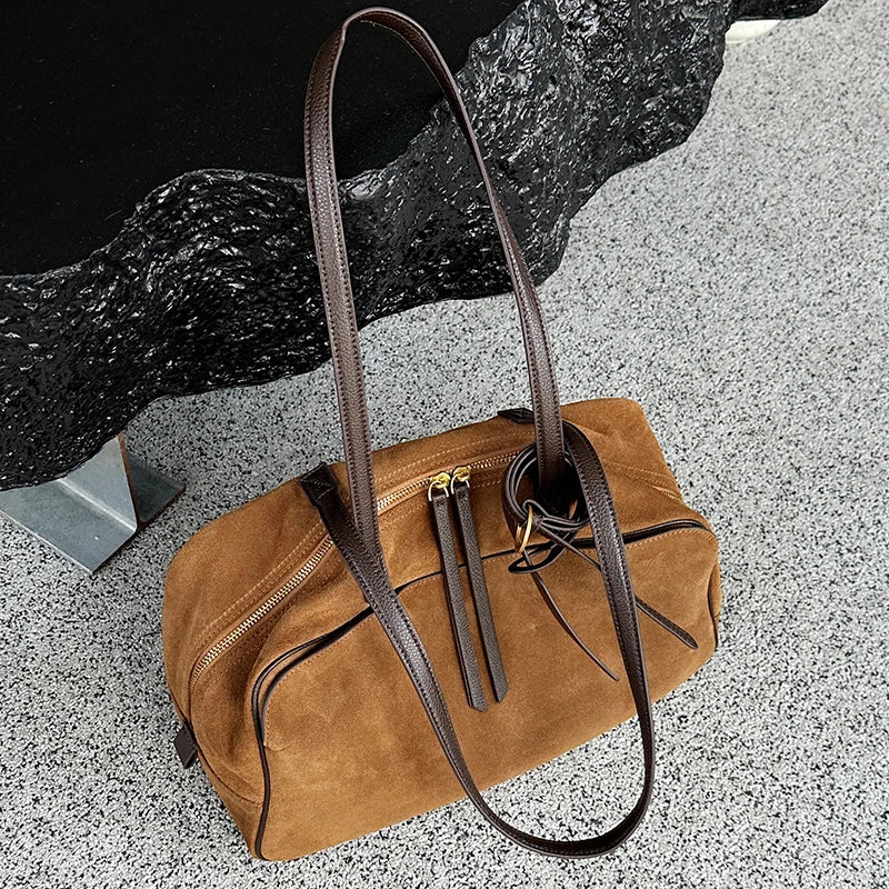 Sac à main femme cuir velours camel grand format – Marron