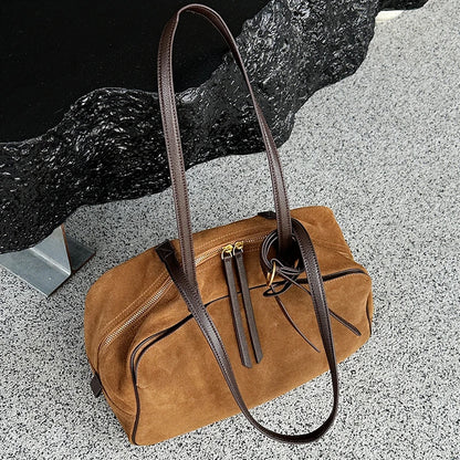 Sac à main femme cuir velours camel grand format – Marron