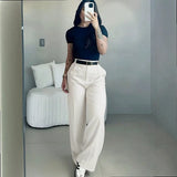 Pantalon femme taille haute jambe droite ceinture 5