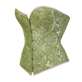 Corset Vert Vintage vert à motifs floraux avec attache avant et laçage arrière pour un ajustement confortable.