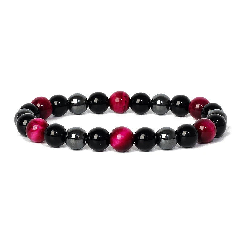 Bracelet magnetique pour maigrir homme avec perles noires et rouges elegantes disposees en alternance