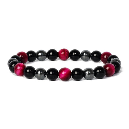 Bracelet magnetique pour maigrir homme avec perles noires et rouges elegantes disposees en alternance