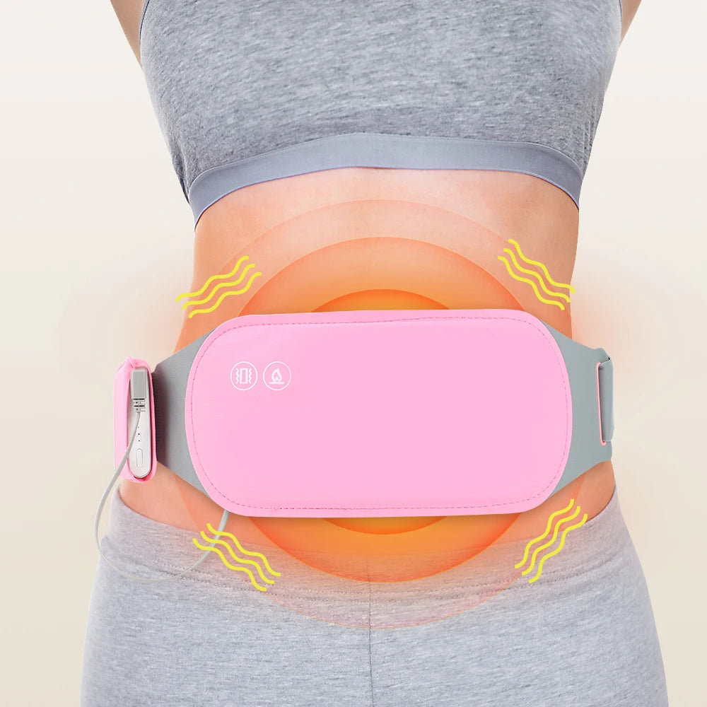 Ceinture anti douleur menstruelle rose avec effets de chaleur, portee sur le ventre pour soulager les crampes menstruelles