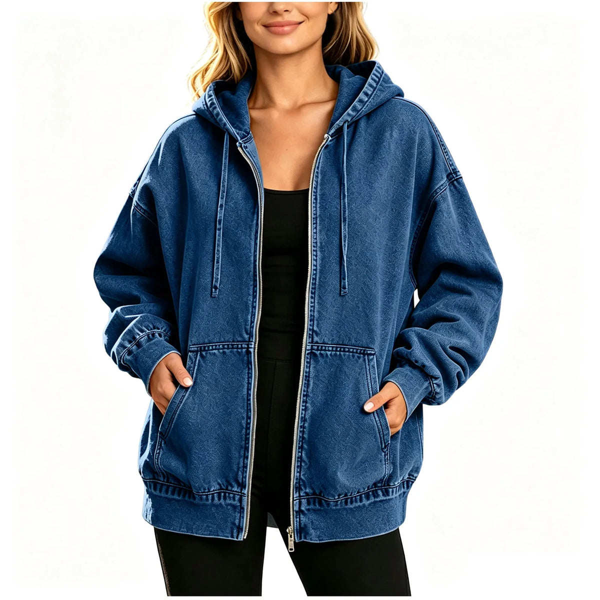 Veste denim bleu femme capuche oversize poches – Bleu Foncé