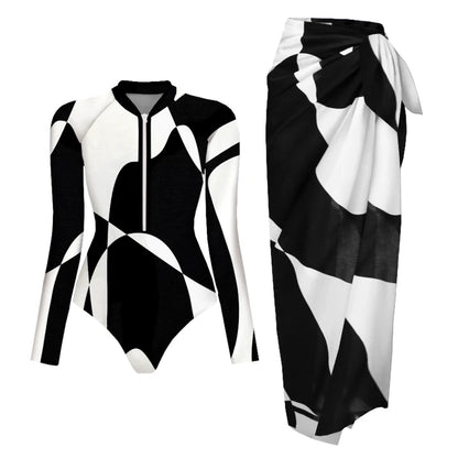 Ensemble Maillot de Bain Manches Longues et Jupe Paréo