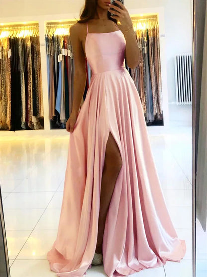 Robe longue satin lacée dos nu – Rose Poudré CPS3026