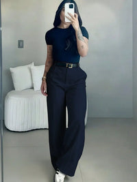 Pantalon femme taille haute jambe droite ceinture – Bleu Marine