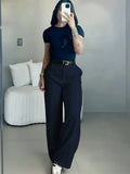 Pantalon femme taille haute jambe droite ceinture – Bleu Marine