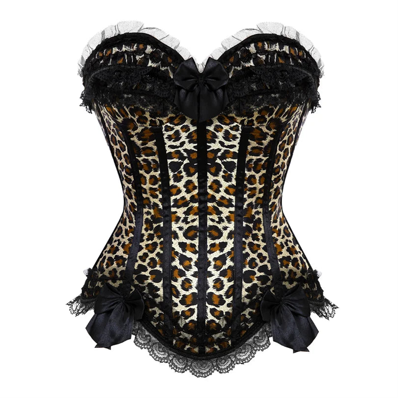 Bustier Satin motif leopard avec dentelle noire et ruban, style corset elegant avec bordure en dentelle et noeud decoratif