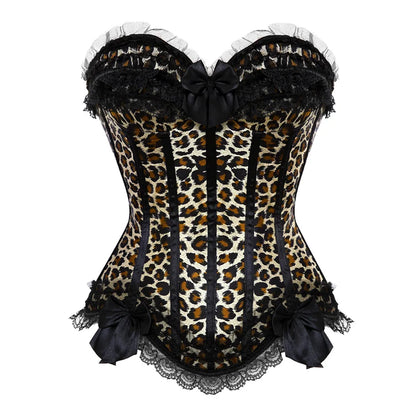 Bustier Satin motif leopard avec dentelle noire et ruban, style corset elegant avec bordure en dentelle et noeud decoratif