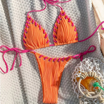 Bikini Triangle Texturé Effet Plissé avec Lacets