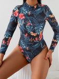 Maillot de Bain 1 Pièce Manches Longues Motif Tropical