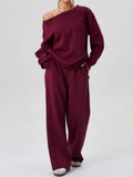 Ensemble femme sweat épaule dénudée et pantalon ample – Bordeaux