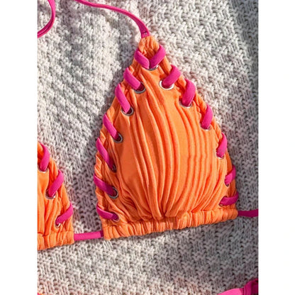 Bikini Triangle Texturé Effet Plissé avec Lacets