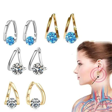 Boucles d'oreille magnetiques amincissantes en argent et or avec cristaux bleus et transparents montres sur differents modeles