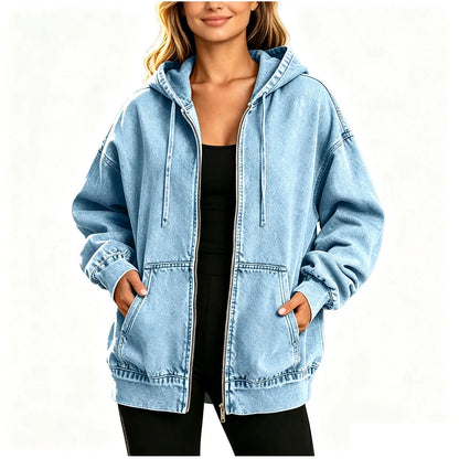 Veste denim bleu femme capuche oversize poches – Bleu Clair