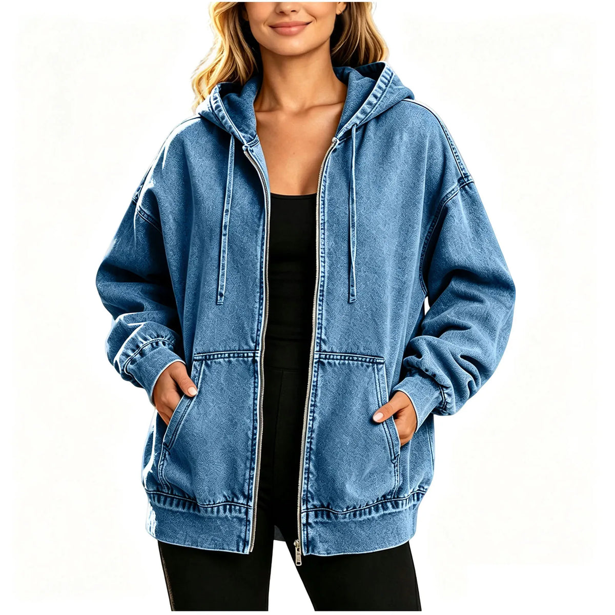 Veste denim bleu femme capuche oversize poches – Bleu