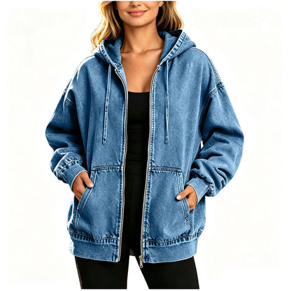 Veste denim bleu femme capuche oversize poches – Bleu