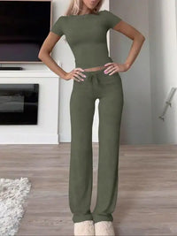 Ensemble femme top manches courtes et pantalon long gris – Vert Armée