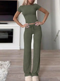 Ensemble femme top manches courtes et pantalon long gris – Vert Armée