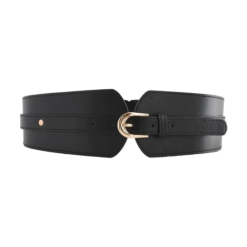 Ceinture Corset Cuir Femme large en cuir noir avec boucle doree, style elegant et raffine pour affiner la taille