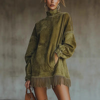Robe courte velours col montant manches longues franges – Vert Militaire
