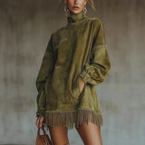 Robe courte velours col montant manches longues franges – Vert Militaire