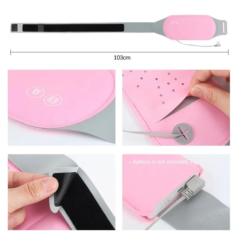 Ceinture pour les Regles rose avec fonction chauffante et massage, légère et ajustable en tissu Lycra confortable.