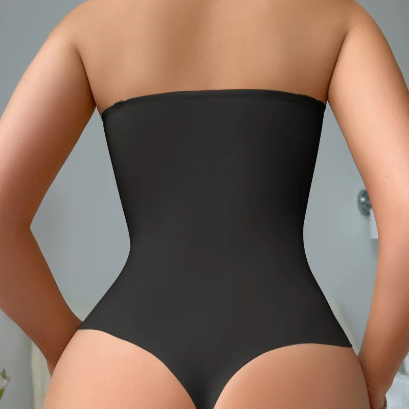Body gaine sans bretelle noir elegant, vue de dos, coupe sculptante et gainante pour une silhouette affinee