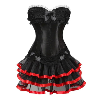 Corset et Jupe noir avec dentelle et ruban rouge, élégance et confort pour sublimer votre silhouette.