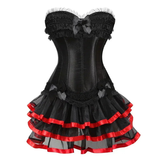 Corset et Jupe noir avec dentelle et ruban rouge, élégance et confort pour sublimer votre silhouette.