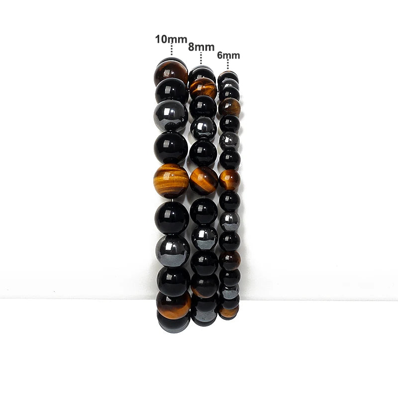 Bracelet magnetique pour maigrir homme avec perles noires et oeil de tigre en differentes tailles de 6 a 10mm